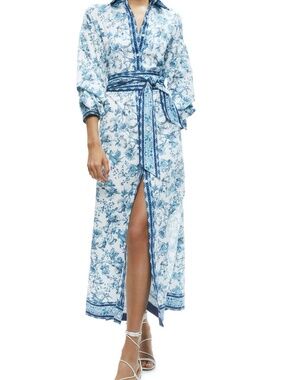 Magaschoni 100% Linen Maxi Shirt Dress Blue White Toile Floral Button Up, L/ XL